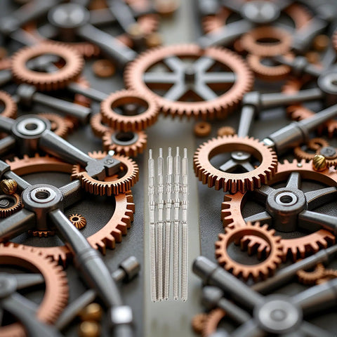 5 Piece Silver Watch Stem Crown Kit For NH35 NH36 NH38 NH39 Movements amidst bronze and steel gears
