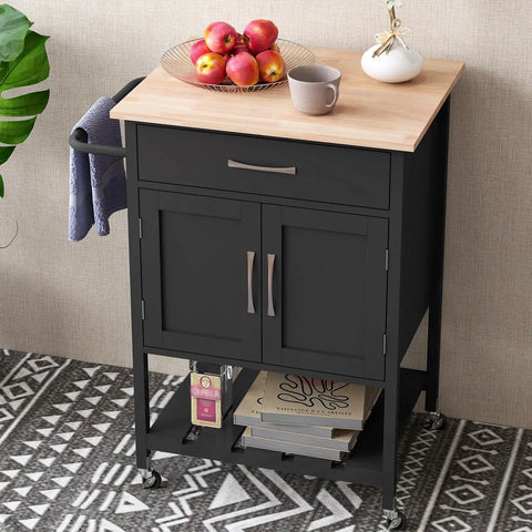 Real Deal Rubberwood Kitchen Island Cart On Wheels With Heavy Duty Casters And Wide Drawer Designed As A Versatile Coffee Bar Or Utility Stand That Brings Casual Vibes To Your Room Without Any Fuss In Classic Black