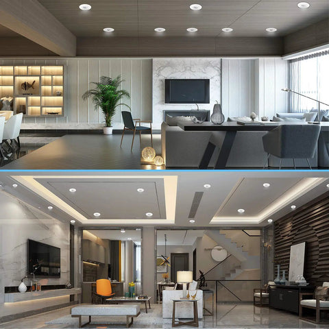 4 Inch LED Recessed Lights Ultra Thin Adjustable Eyeball Gimbal With Junction Box Dimmable 9W 750lm ETL IC Rated in modern living room.