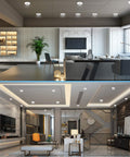 Ceiling view of ultra slim 4 inch recessed LED downlights with adjustable eyeball gimbal, installed in modern living room setups.