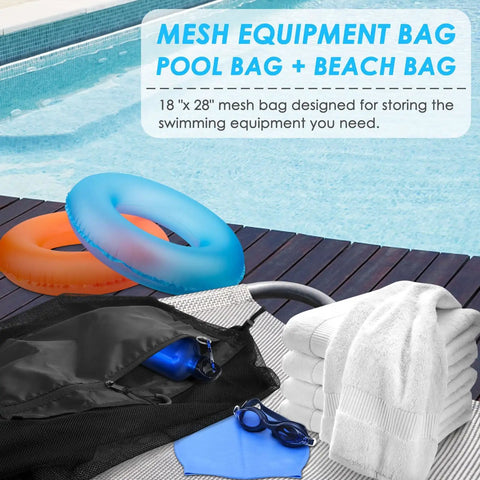Heavy Duty Mesh Drawstring Bags Set For Sports Gear Gym Beach Travel Camping with swim gear by poolside