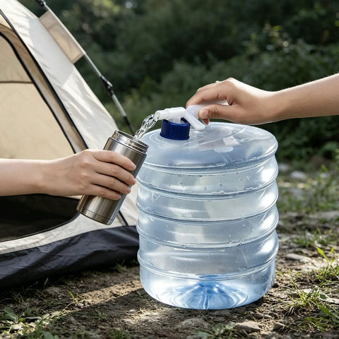 Filling flask using 10L Collapsible Water Container With Spigot For Camping And Hiking, near tent
