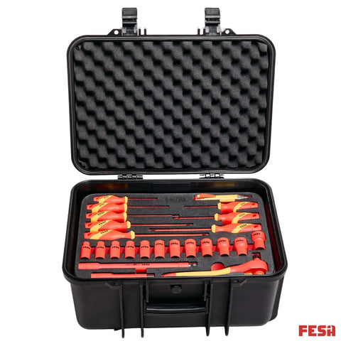 Master Electrician Insulated Tool Set With 50 Knuckle Buster Pliers And Screwdrivers Inside A Rock Solid Rolling Carry Case showing pliers and screwdrivers.