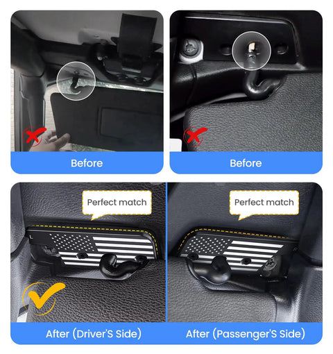 Upgraded Sun Visor Repair Kit For Jeep Wrangler JL JLU 2018 2023 And Gladiator JT 2020 2023 comparison before and after installation