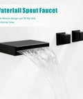 Waterfall Wall Mount Bathroom Faucet With Dope Matte Black Finish Dual Handle Three Hole Sink Faucet Modern Design 8 Inch Center Rough In Valve Included Easy Install showing water flow