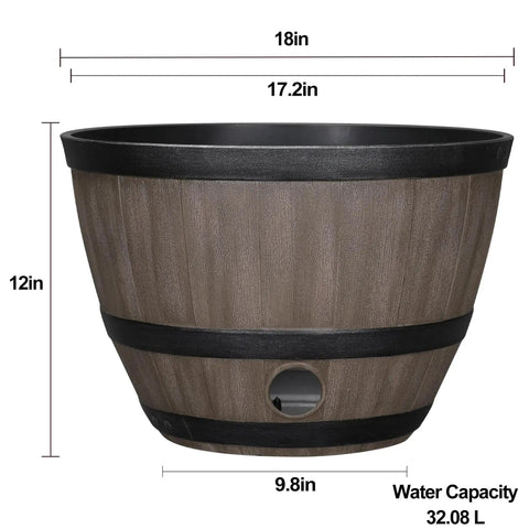 Brown Resin Garden Hose Pot With Removable Drain Plug, Big Capacity Hose Storage Container dimensions labeled