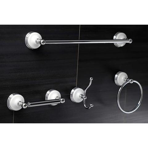 Victorian 4 Piece Bathroom Hardware Set In Polished Chrome With No Fuss Easy Install Mounting Hardware Includes 18 Inch Towel Bar, Towel Ring, Robe Hook, And Toilet Paper Holder, Solid Brass Construction For Lasting Shine mounted on wall