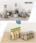 Comparison of cluttered spices and bottles vs organized items in an 8 pack clear food storage organizer bin for pantry kitchen.