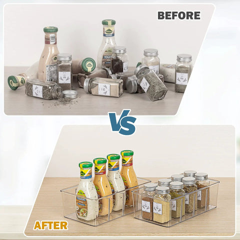 Comparison of cluttered spices and bottles vs organized items in an 8 pack clear food storage organizer bin for pantry kitchen.