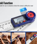 Rock Solid Digital Angle Finder With A Slick Stainless Steel Frame And Smooth 360 Degree Rotation For Zero Hassle Layout Work Plus A Handy Folding Straight Ruler For Fast Job Site Prep, showing hold function and digital display.