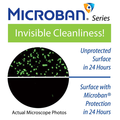 Microban Series showing before and after microbial protection on surface in Elite High Pressure 7 Inch Luxury Spa Rain Shower Head