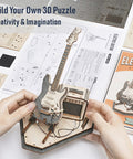 Wooden 3D Guitar Puzzle Kit For Adults Build Your Electric Guitar Model Realistic Diy Desk Decor Creative Hobby Gift Easy Assembly With Detailed Instructions For Crafters assembled wooden electric guitar model with instructions