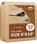 Heavy Duty 8x10 Feet Tan Tarp With 12 Mil Waterproof Poly Coverage packaged with brand label visible