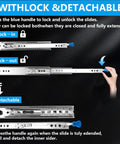 Beefy 22 Inch Locking Drawer Slides diagram showing lock-in, lock-out, and detachable features with hand demonstration.
