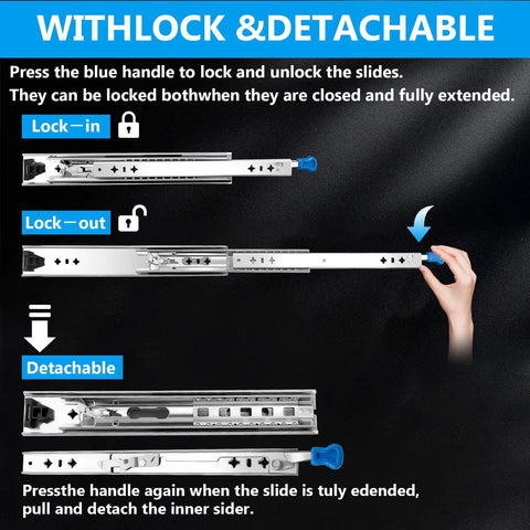 Beefy 22 Inch Locking Drawer Slides diagram showing lock-in, lock-out, and detachable features with hand demonstration.