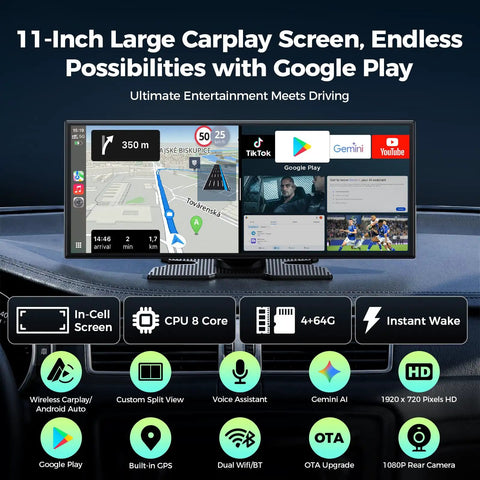 11 Inch AI CarPlay Screen With Gemini AI And Google Play Apps And Wireless Android Auto Your AI Co Pilot For Smooth Driving And Infotainment 8 Core Processor 60 FPS 1920x720 Display 1080p Backup Camera DVR For Epic Road Trip Entertainment in-car display showing navigation and apps.