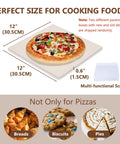 12 Inch Square Pizza Stone For Grill And Oven Premium Cordierite Bake Stone shown with pizza, scraper, and food examples.