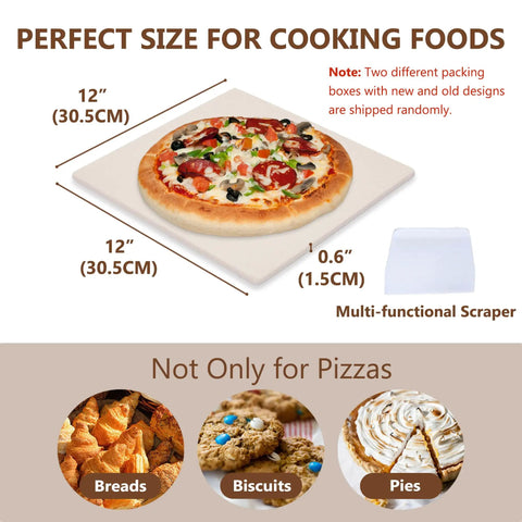 12 Inch Square Pizza Stone For Grill And Oven Premium Cordierite Bake Stone shown with pizza, scraper, and food examples.