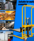 Hydraulic material lift winch stacker with removable platform, yellow steel frame and 360° swivel casters