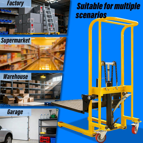 Hydraulic material lift winch stacker with removable platform, yellow steel frame and 360° swivel casters
