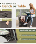 Woman sitting on 98 Gallon Waterproof Resin Deck Box With Cushion Lockable Outdoor Storage Bench in Deep Brown with features highlighted.