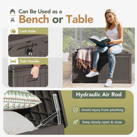 Woman sitting on 98 Gallon Waterproof Resin Deck Box With Cushion Lockable Outdoor Storage Bench in Deep Brown with features highlighted.