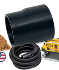 2.5 Inch Dust Collection Hose Adapter For Benchtop Planers displayed with hose, planer, USA flag, and wood shavings.