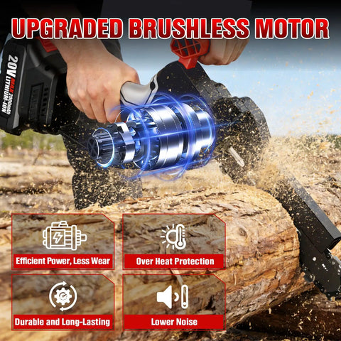 Hands using 8 Inch Cordless Mini Chainsaw With Brushless Motor And Auto Tension, cutting wood, outdoors