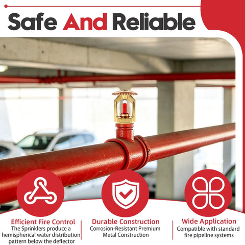 Heavy Duty Fire Sprinkler Head Two Pack Straight Up Reliable For House Or Store Upright Spray With Half Inch American Thread Easy Install And Legit UL Approval mounted on a red pipeline in a parking structure.
