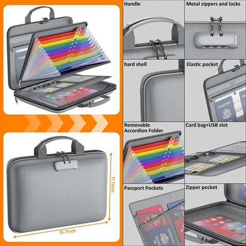 Heavy Duty Tough As Nails Fireproof Document Box With Secure Lock And Waterproof Hardcase Accordion Design, gray case open with colorful dividers.