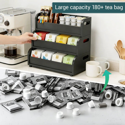 Three Layer Stackable Tea Bags Organizer Made From Bamboo With Large Capacity Go To Display Rack For Pantry Kitchen Office Coffee Station And Bars Restaurants Black holding tea bags and pods on a countertop