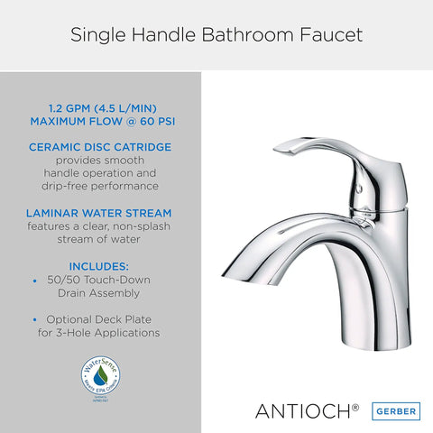 Antioch Single Handle Chrome Bathroom Faucet With Drip Free Ceramic Disc Cartridge 1.2 GPM Laminar Water Stream Low Splash Sink Tap