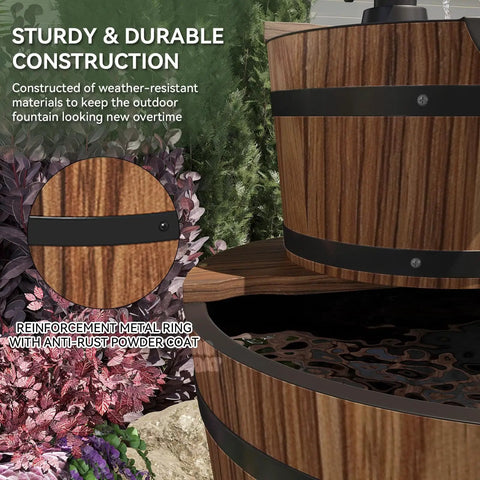 Close-up of Rustic Wood Barrel 3 Tier Outdoor Water Fountain With Electric Hand Pump Cascading Waterfall in garden