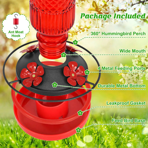 Glass Hummingbird Feeder With Ant Moat And Bee Proof Ports 16 Oz Outdoor Hanging Bird Feeder With 360 Degree Perch