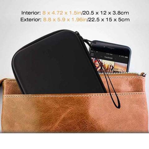 Straight Up 7 Inch GPS Carrying Case Built Tough With Dead Center Shockproof EVA Hard Shell Protective Travel Pouch Universal Fit For Garmin TomTom Magellan Nav Systems And Open Highway Drives Black resting inside a brown leather pouch.