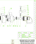 Exploded diagram of clawfoot tub faucet with ceramic cartridges and quarter turn diverter valve, made of brass and chrome-plated.