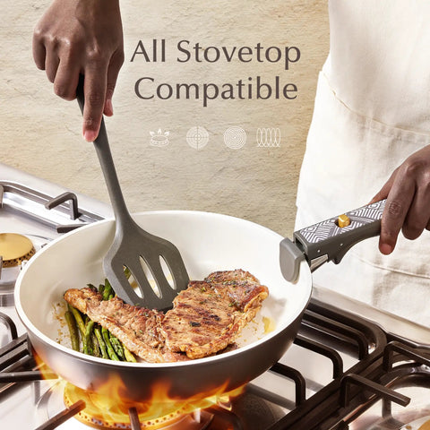 Nonstick Ceramic Cookware Set With Detachable Handle, 21 Pieces, frying steak on gas stovetop, charcoal finish