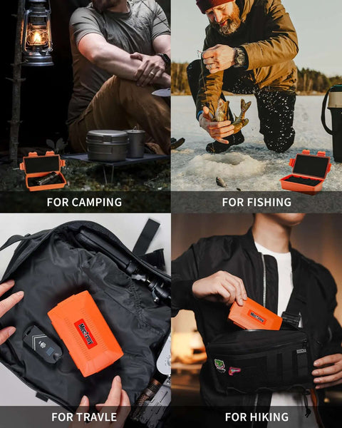 Slick Waterproof Hard Case For EDC Gear used for camping, fishing, travel, and hiking, showing compact orange design with tools.