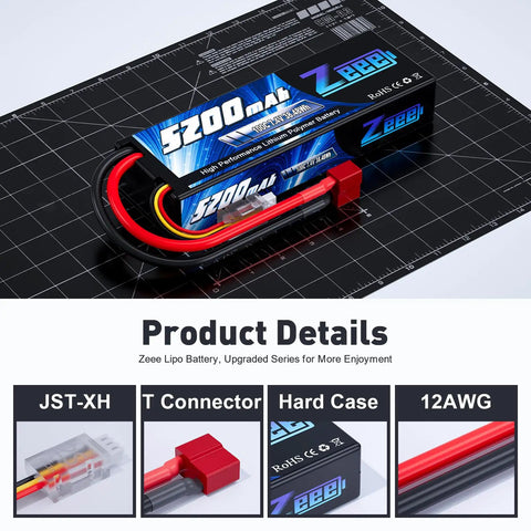 Beefy 2S 5200mAh 7.4V 100C LiPo Battery With T Connector for RC Cars, showing battery and connector details on mat