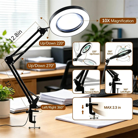 10X Magnifying Glass With Light And Clamp, Hands Free Magnifier Lamp With 72 LEDs, Real Glass Lens, 3 Color Modes