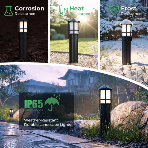 Top Tier Low Voltage Landscape Pathway Lights With Replaceable LED G4 Bulbs 12V 2700K Killer Warm Glow in multiple weather resistance scenarios.