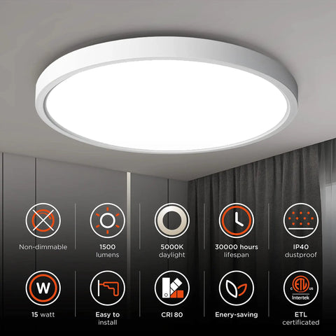 Two Pack 15W Flush Mount LED Ceiling Light 1500 Lumens Daylight 5000K Low Profile Ceiling Fixture, shown installed in room