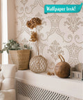 Baroque Damask Wall Stencil Kit For Painting 2-Pack Large 16.5 By 21.5 Inch Stencils Victorian Style Wall Decor DIY Wallpaper Alternative With Pattern Alignment And Video Tutorials on a living room wall.
