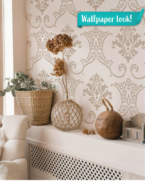 Baroque Damask Wall Stencil Kit For Painting 2-Pack Large 16.5 By 21.5 Inch Stencils Victorian Style Wall Decor DIY Wallpaper Alternative With Pattern Alignment And Video Tutorials on a living room wall.