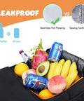 Close-up of Large Trunk Organizer With Built In Leakproof Cooler Bag containing fruits and cans, shown in black oxford material.