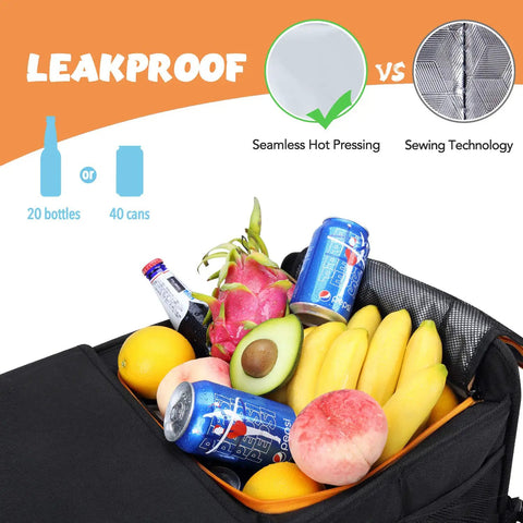 Close-up of Large Trunk Organizer With Built In Leakproof Cooler Bag containing fruits and cans, shown in black oxford material.