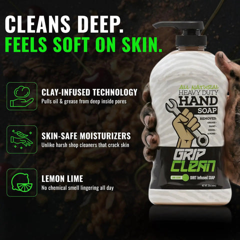 Heavy Duty Hand Cleaner For Mechanics With Pumice And Clay Infused Formula That Kicks Grease Oil And Grime Moisturizing Liquid Hand Soap For Shop Garage And Industrial Use 32 Oz shown in a pump bottle.