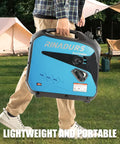 Person carrying Beefy 2200 Watt Inverter Generator Portable Quiet Power for Home Backup Camping and Job Sites, blue design