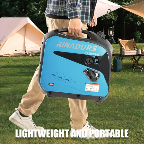 Person carrying Beefy 2200 Watt Inverter Generator Portable Quiet Power for Home Backup Camping and Job Sites, blue design
