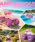 Amphibious 3-in-1 RC Stunt Car for kids on beach, water, and grass. Pink monster truck, 4WD, 1:16 scale.
